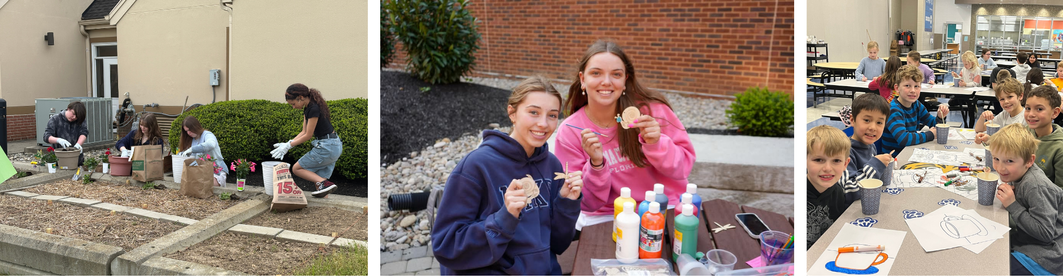 photos of students gardening, painting and enjoying hot cocoa